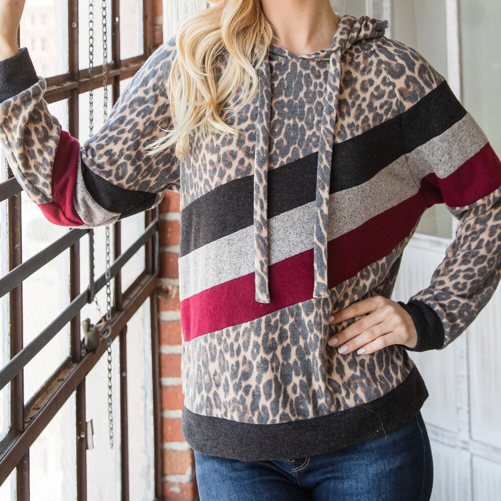 LEOPARD TRIO COLOR BLOCK HOODIE - NEW WITh TAGS